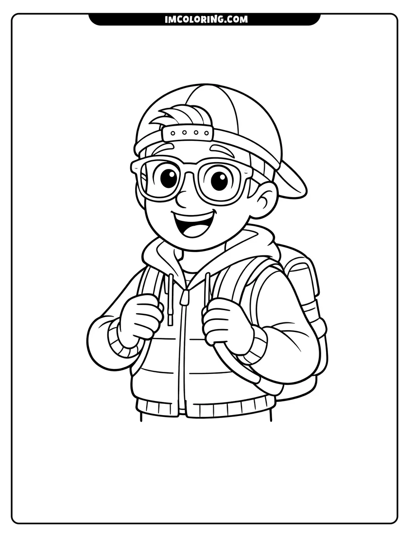 Cute Blippi Character wearing a vest and hoodie outline for coloring