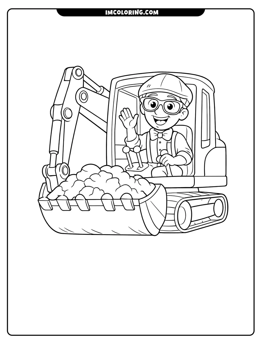 Line art depicting Blippi Character sitting in an excavator cab
