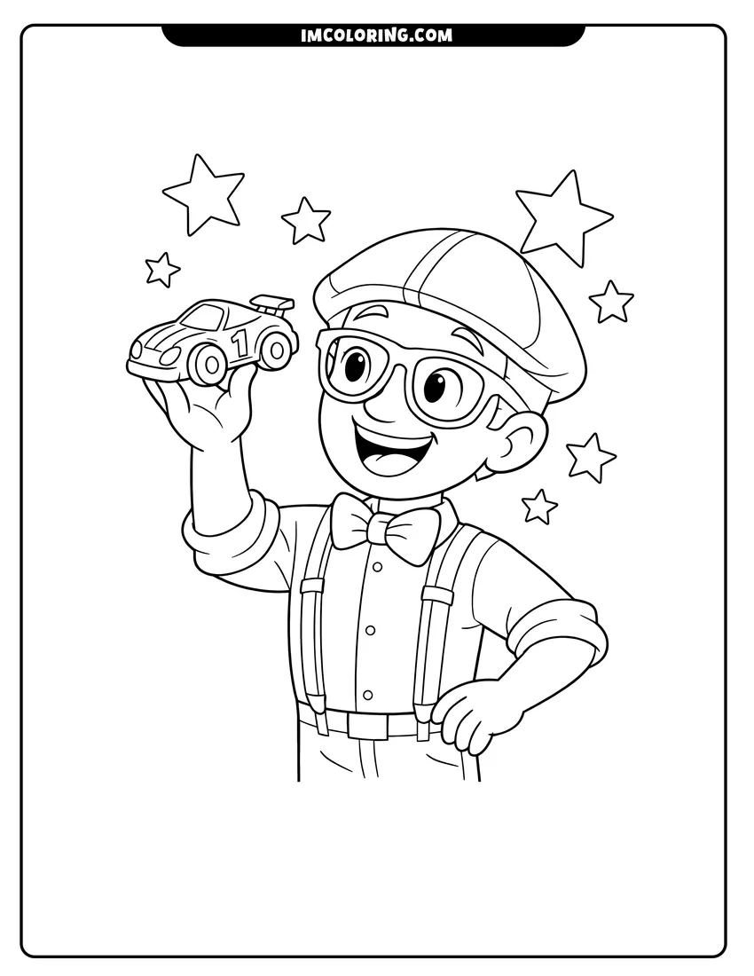 Kids activity sheet showing Blippi Character holding a toy race car