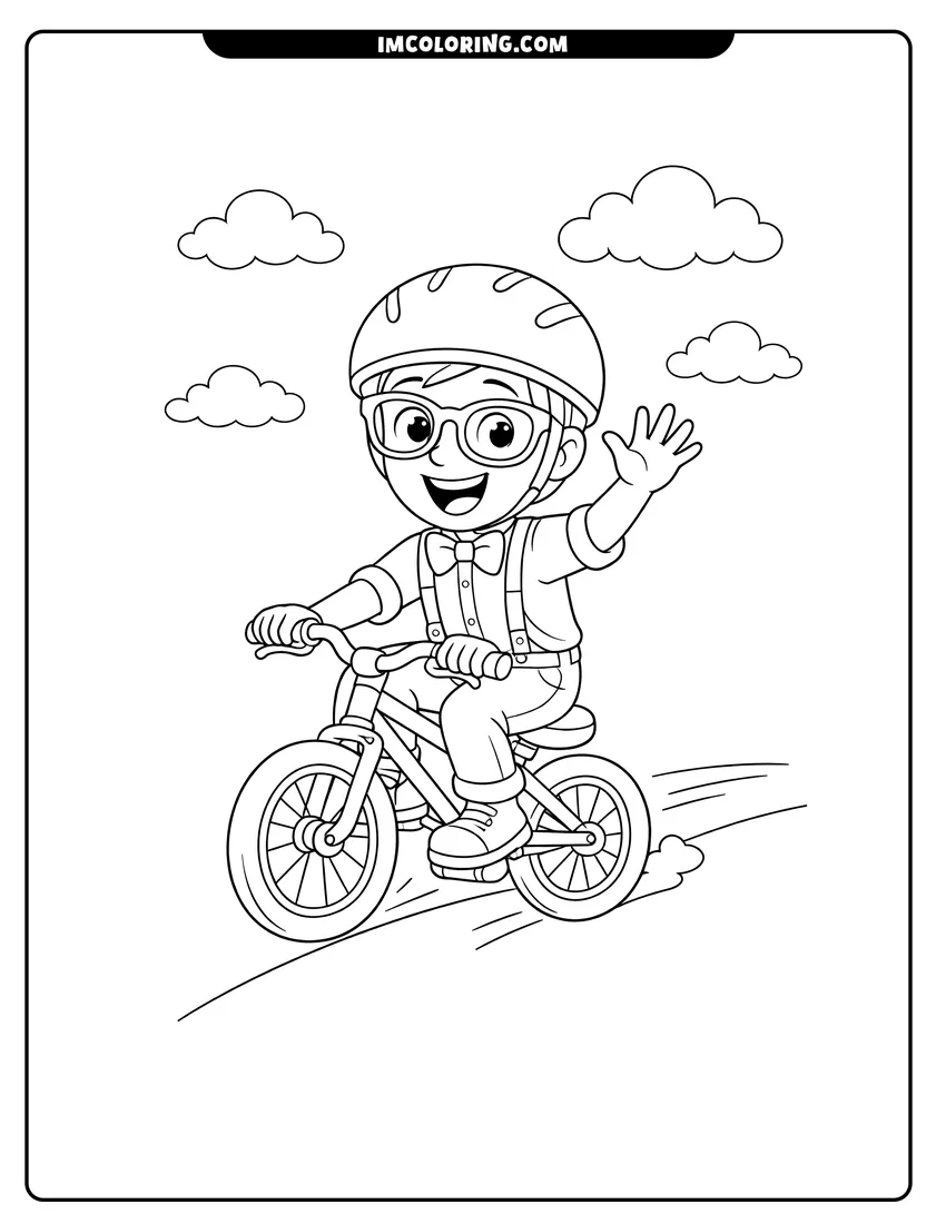 Outline of Blippi Character riding a bicycle and waving on a white background