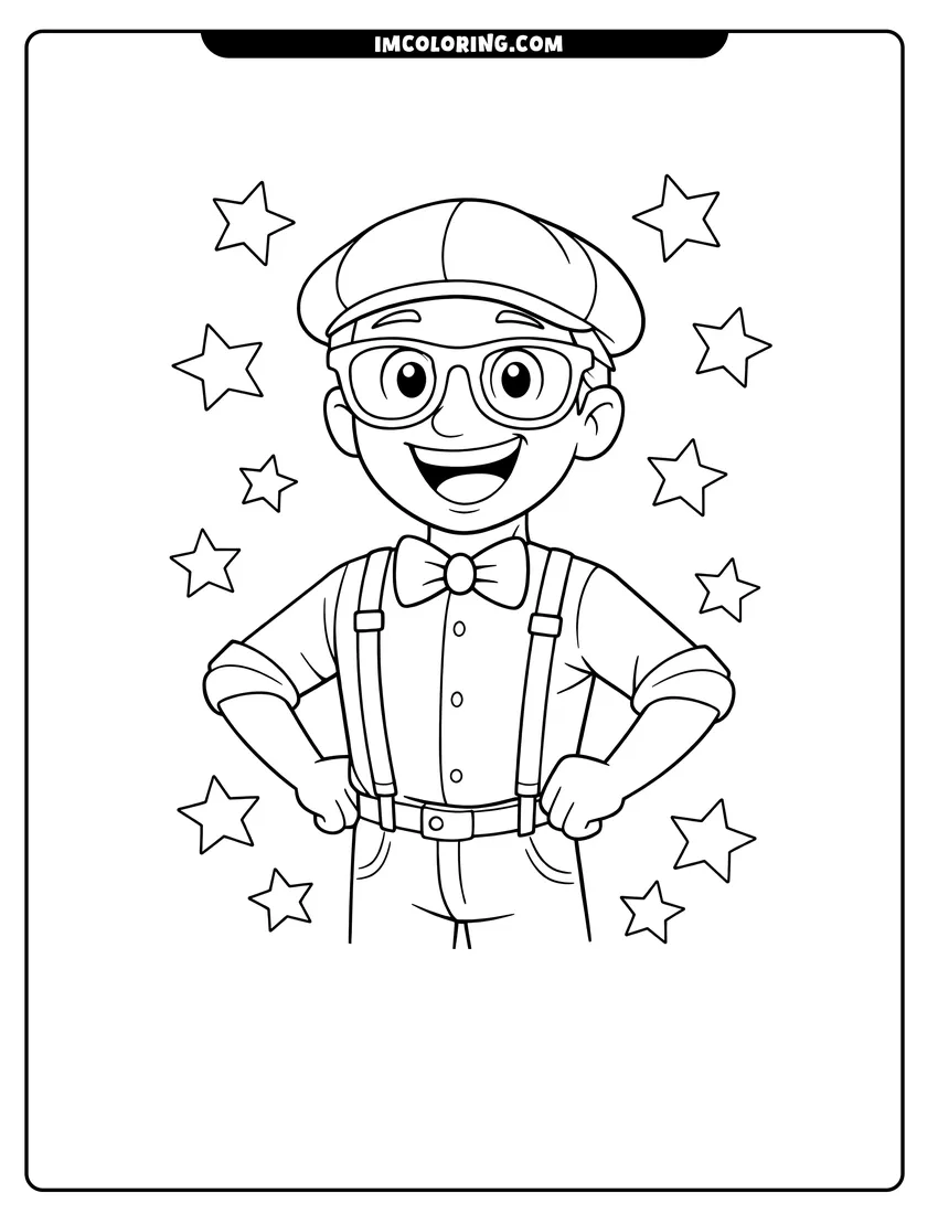 Kawaii style Blippi Character standing with hands on hips coloring picture