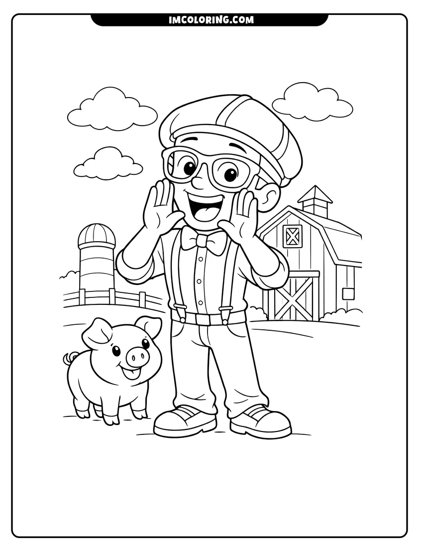 Blippi Character on a farm with a pig coloring page for preschoolers