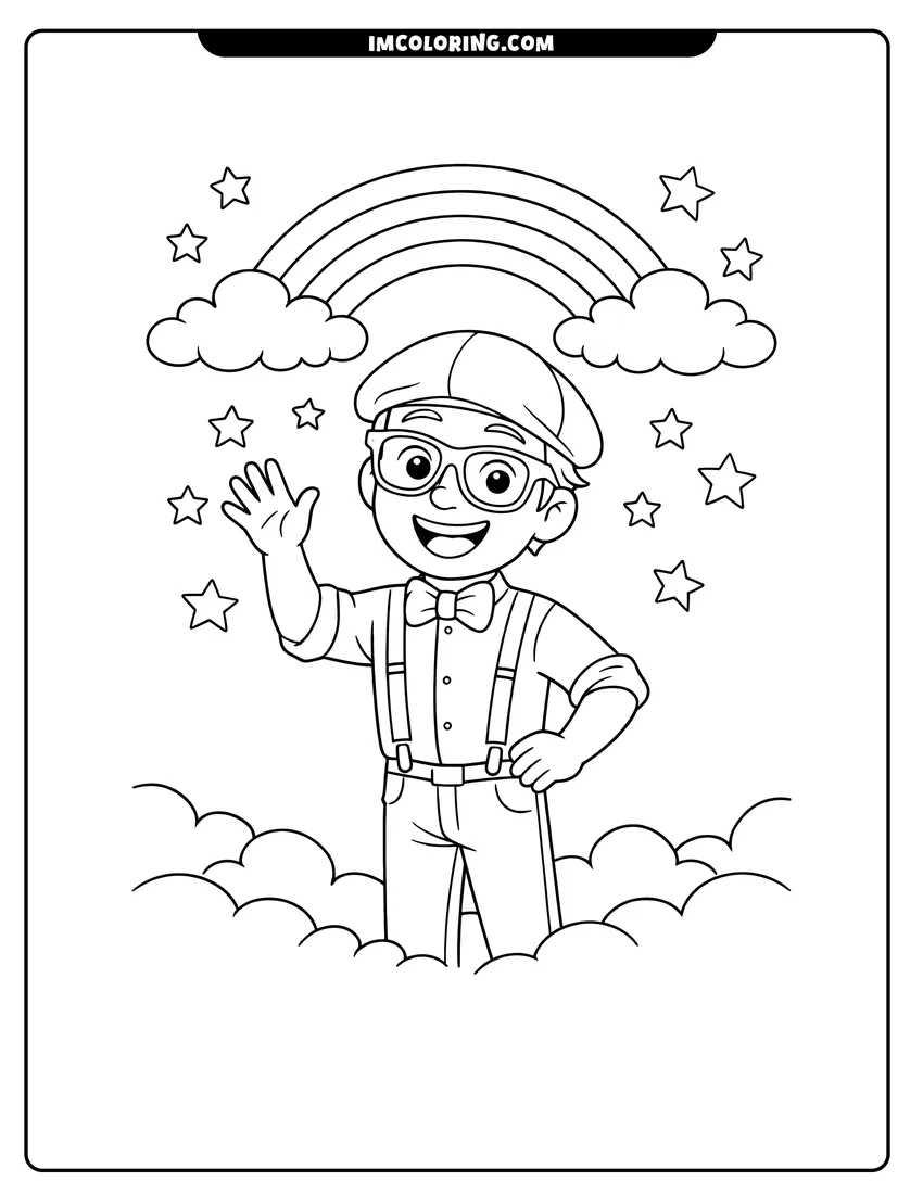 Blippi Character waving among clouds and rainbows drawing meant for coloring