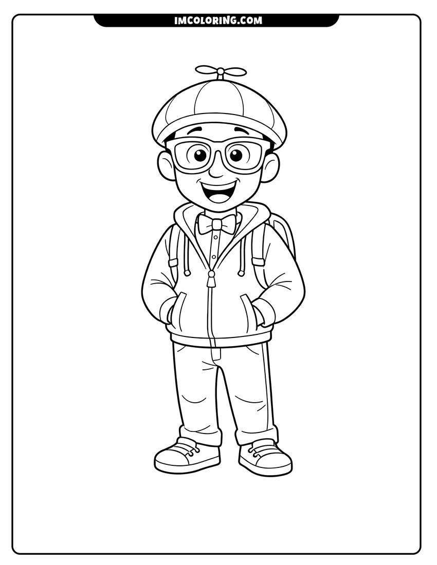 Blippi Character wearing a beanie and hoodie coloring page for preschoolers