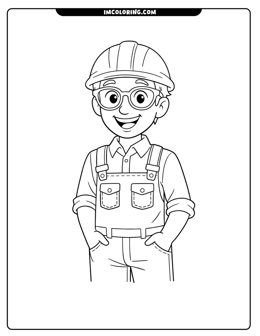 Coloring sheet of Blippi Character dressed as a construction worker for kids