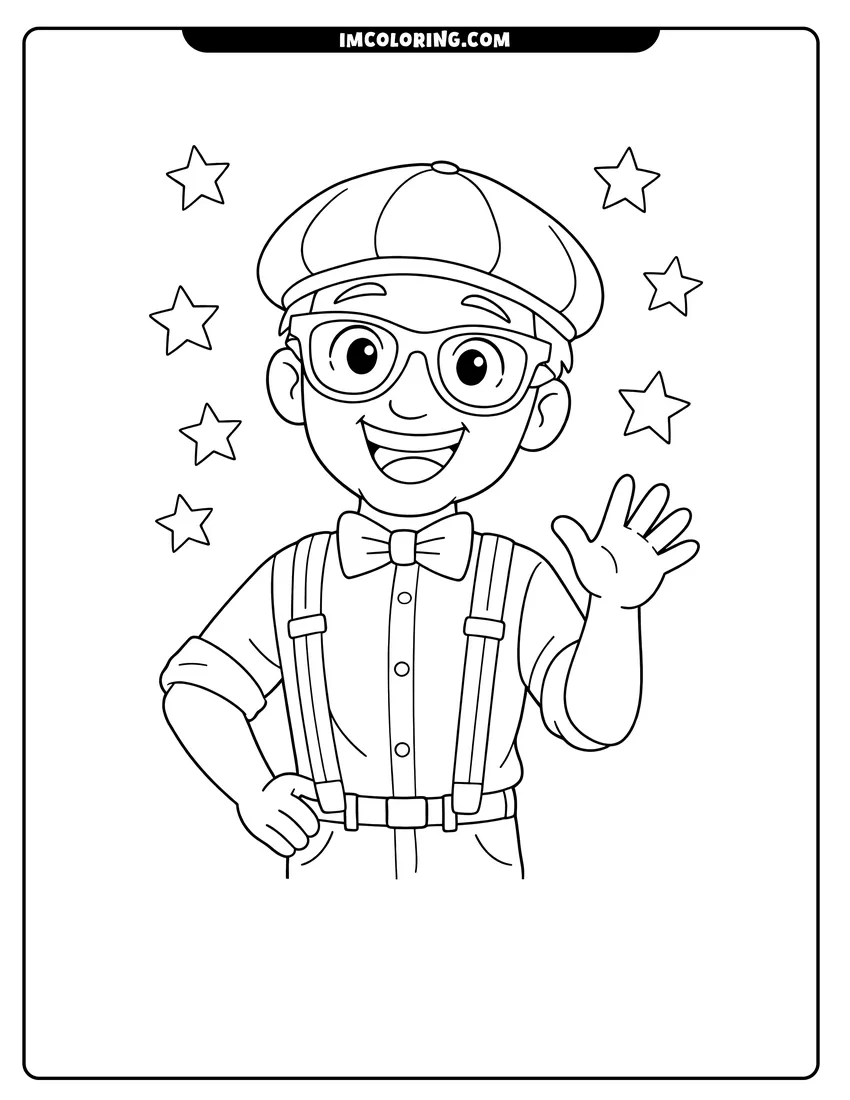 Printable outline of Blippi Character wearing a newsboy cap and bow tie