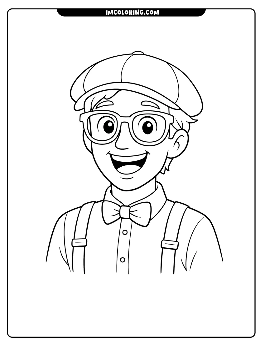 Simple sketch of Close-up of Blippi Character with suspenders for children
