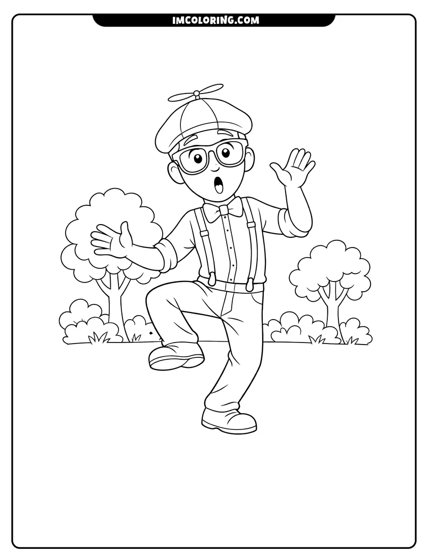 Printable Blippi dancing with a surprised expression in a park coloring activity