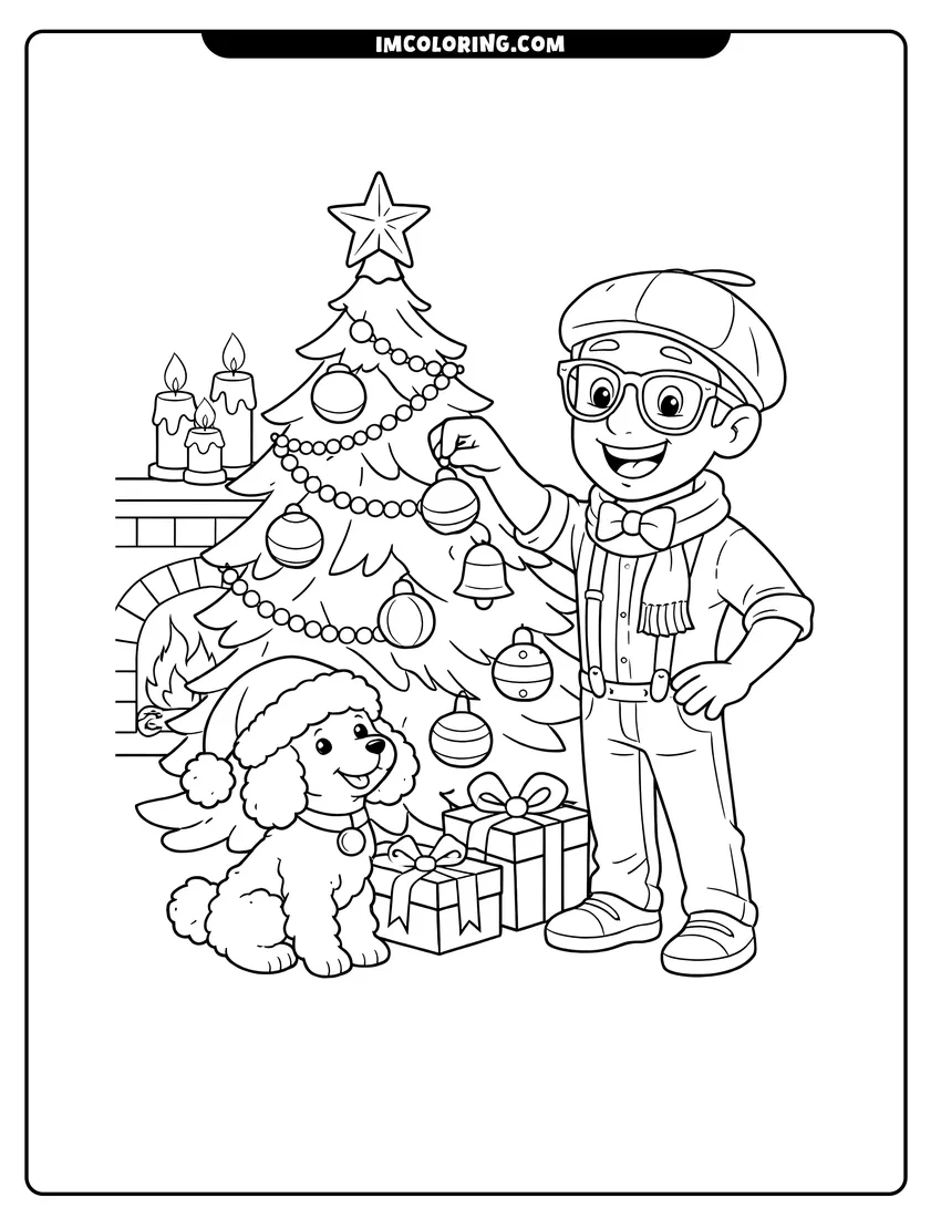 Cute Blippi decorating a Christmas tree with a poodle dog outline for coloring