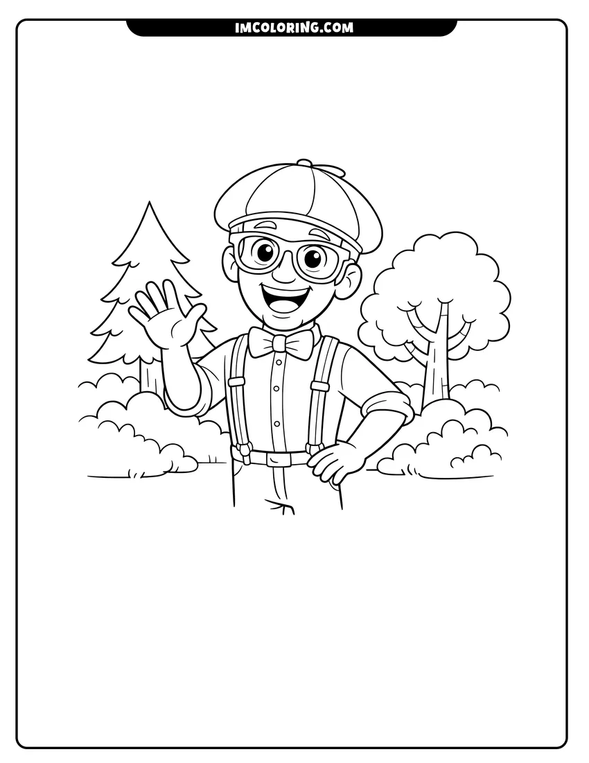 Easy-to-color Blippi waving while standing in a forest setting illustration