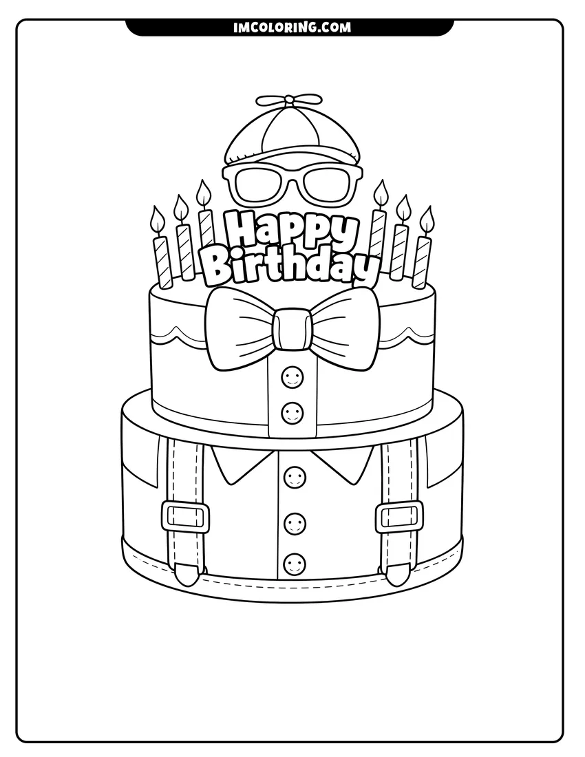 Printable coloring page featuring Birthday cake decorated with Blippi's signature outfit and glasses