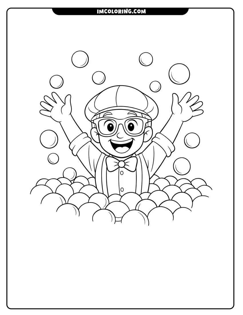 Black and white Blippi jumping and playing in a giant ball pit coloring sheet