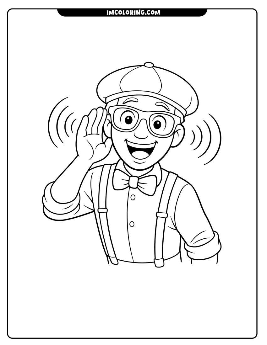Kawaii style Blippi listening to music with stylized sound waves background coloring picture