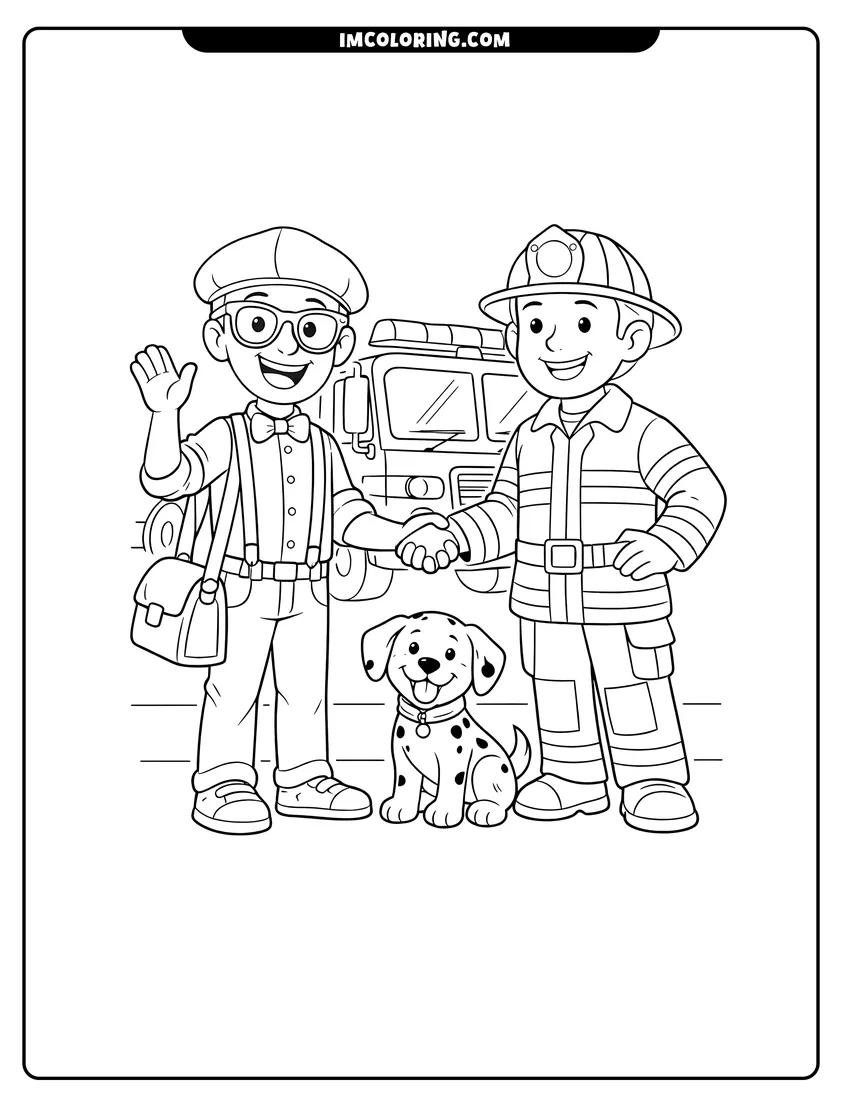Kids activity sheet showing Blippi with a fireman, a Dalmatian, and a fire truck