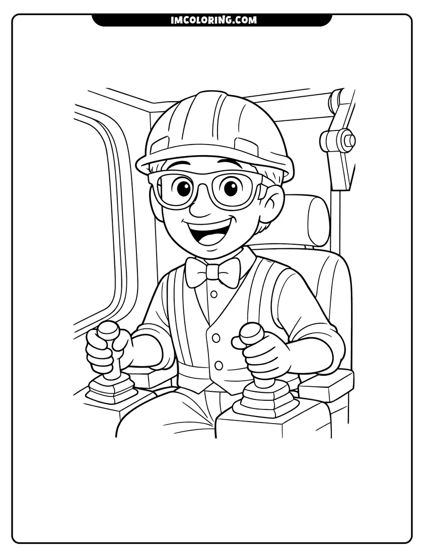 Simple sketch of Blippi wearing a hard hat and operating a digger for children