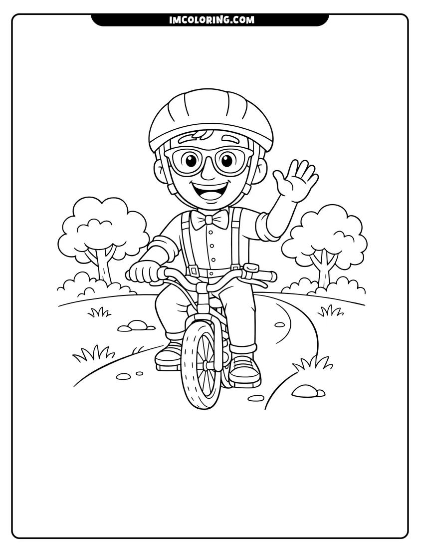 Detailed Blippi wearing a helmet and riding a bicycle design for coloring