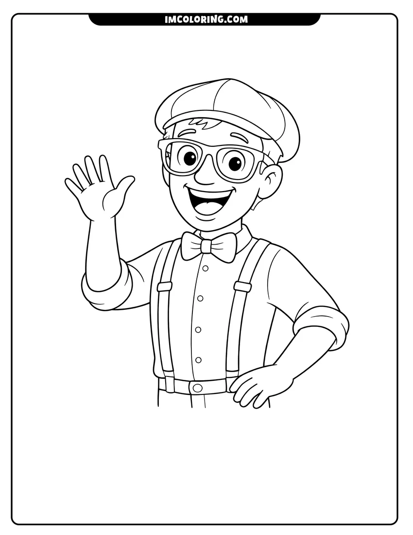 Blippi waving hello in his signature outfit drawing meant for coloring