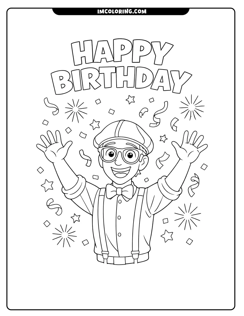 Printable outline of Blippi celebrating a birthday with confetti and stars