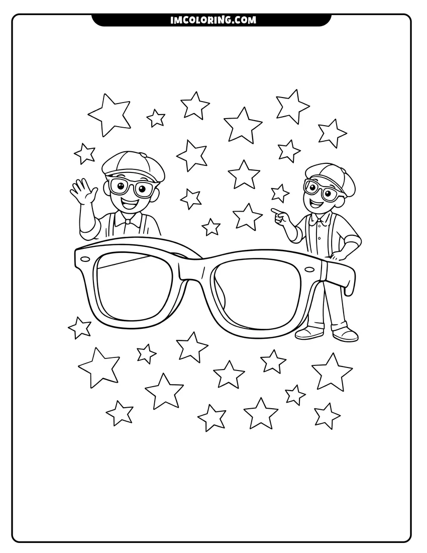 Outline of Blippi's signature thick-framed glasses surrounded by stars on a white background