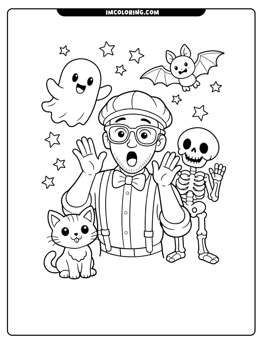 Scene showing Blippi with a ghost, skeleton, cat, and bat to color