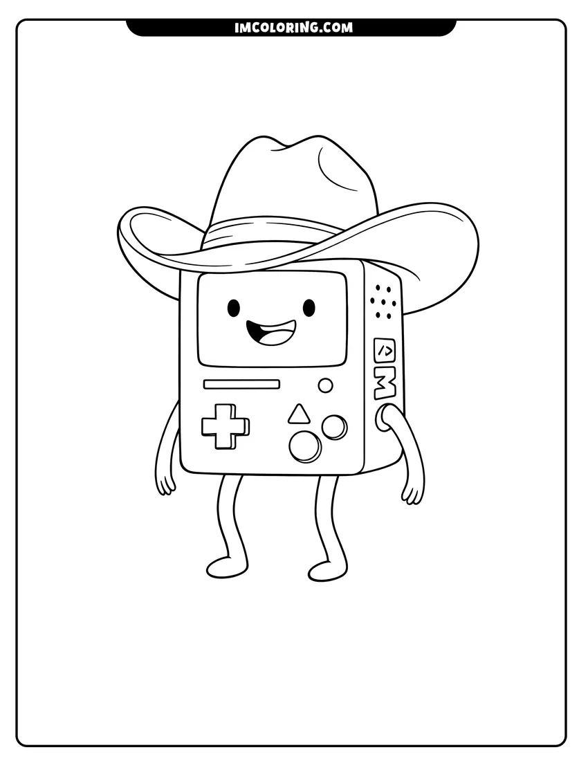 Line art depicting BMO wearing a large cowboy hat