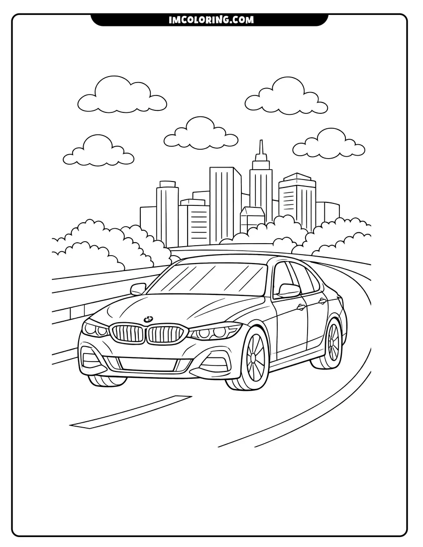 Cute Modern Bmw 3 Series sedan on a highway outline for coloring