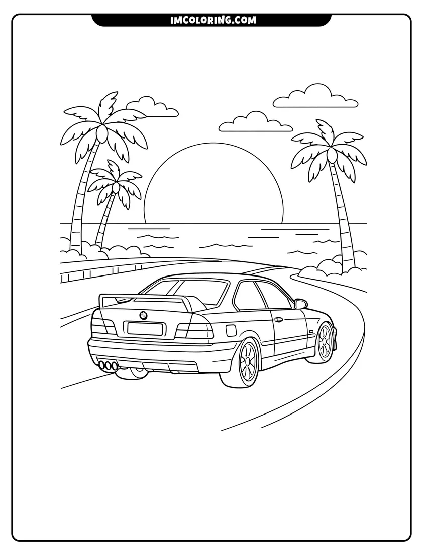 Printable outline of Bmw 3 Series E36 driving on a coastal road