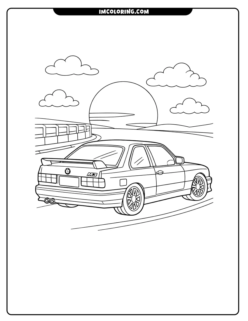 Printable Classic Bmw E30 M3 parked on racetrack coloring activity