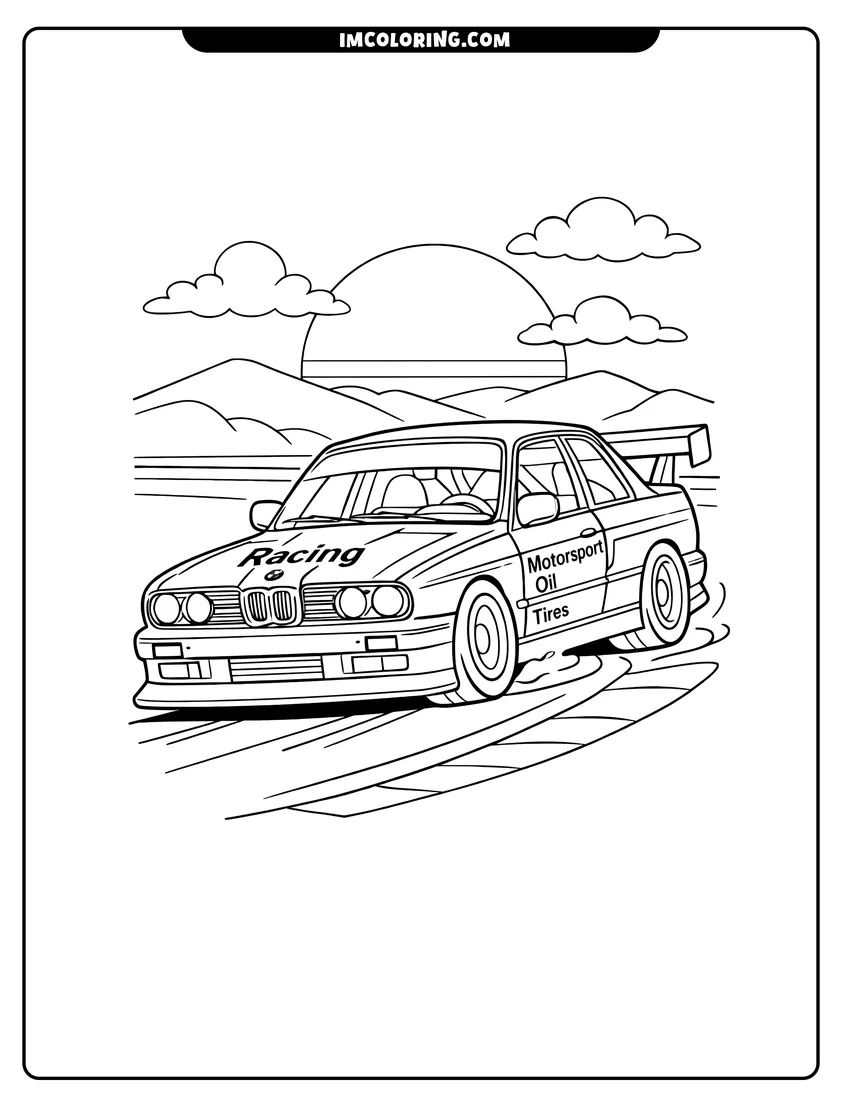 Illustration of Bmw E30 M3 race car at sunset track ready for painting