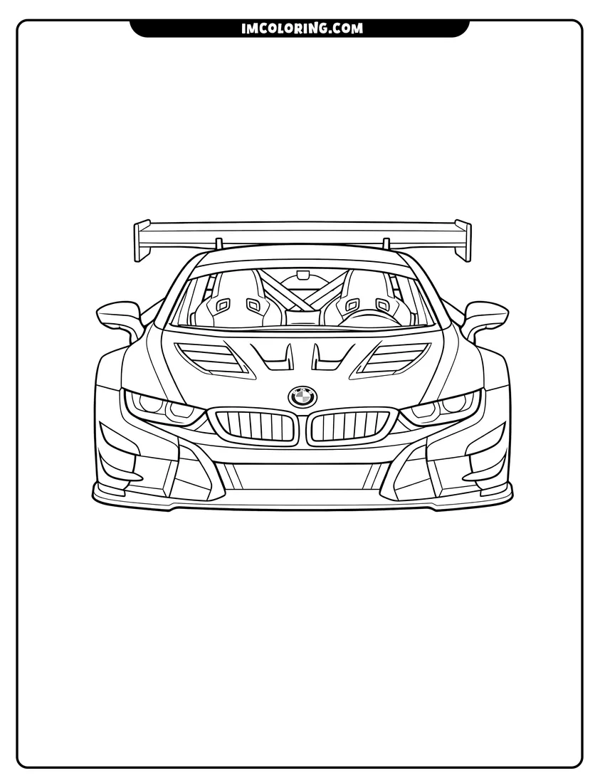 Kawaii style Front view of Bmw i8 race car coloring picture