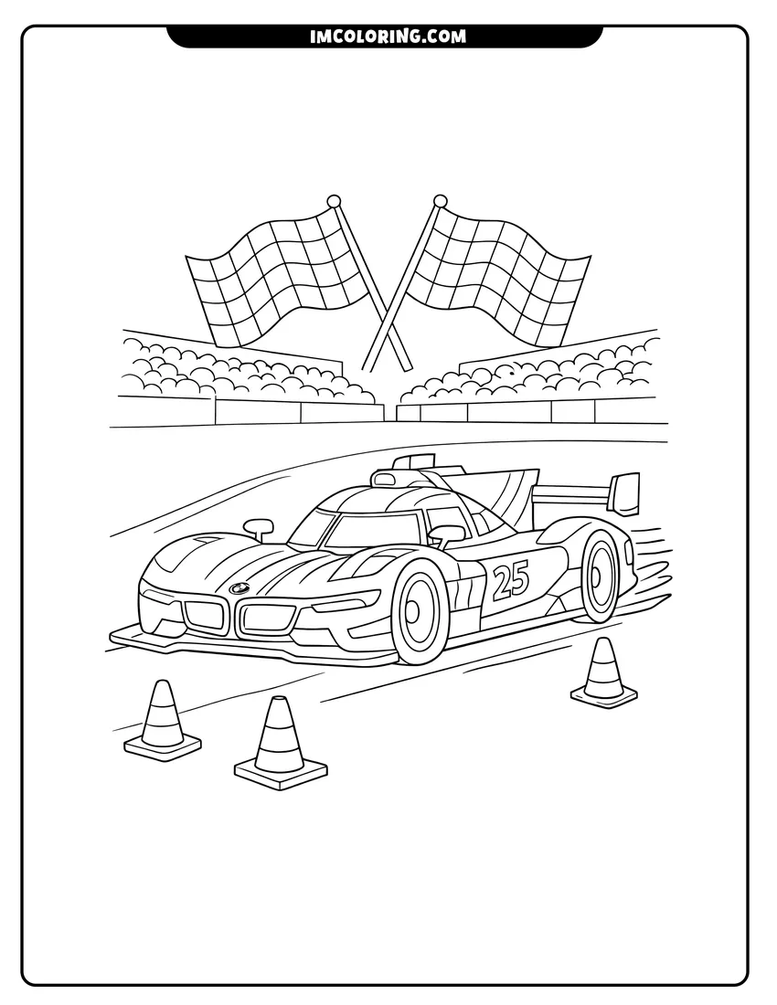 Printable coloring page featuring Bmw M Hybrid V8 GTP race car on track