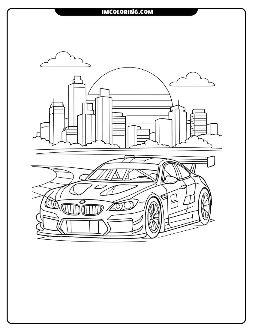 Line art depicting Realistic Bmw M6 GT3 race car with city skyline
