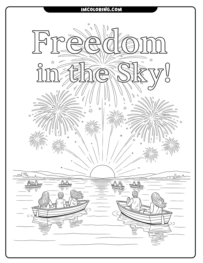 PDF style coloring page: People in boats watching star-shaped fireworks over water