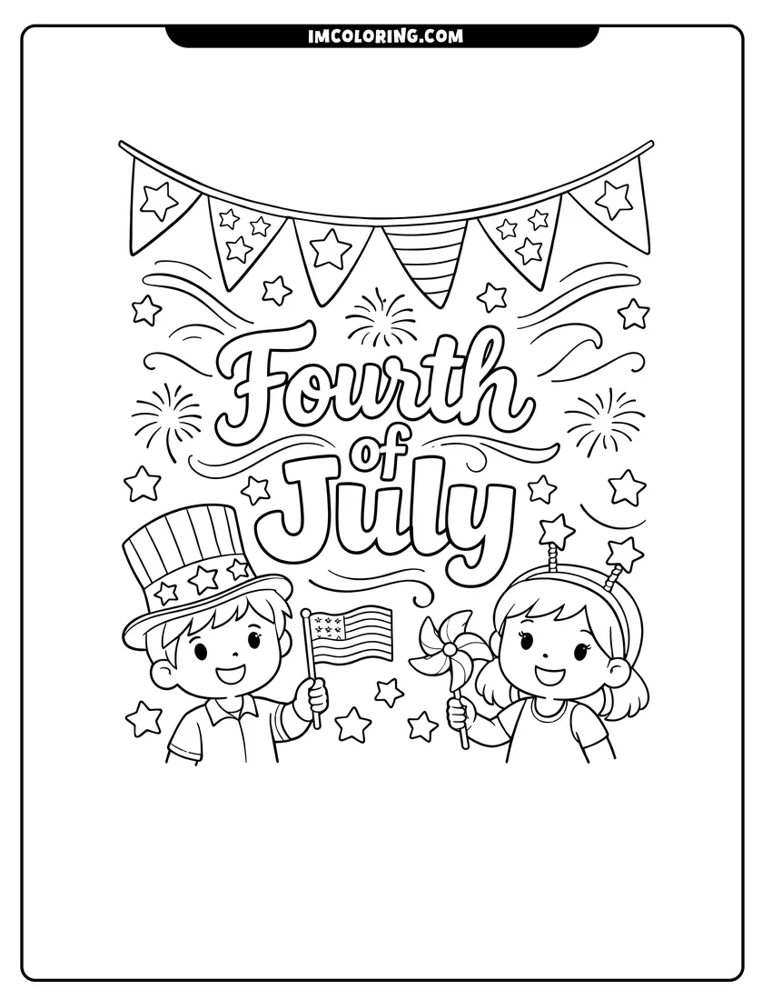 Scene showing Fourth of July text with pennant flags to color