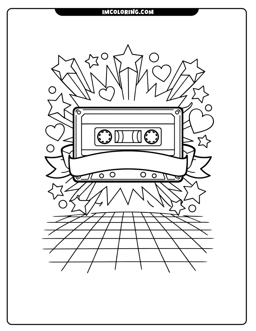 Line art depicting 80S mixtape cassette with stars and hearts