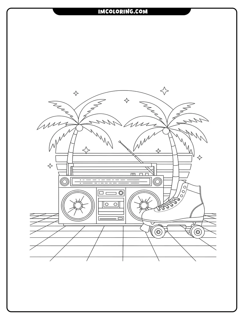 Free printable coloring sheet of Retro boombox and roller skate under a sunset and palms