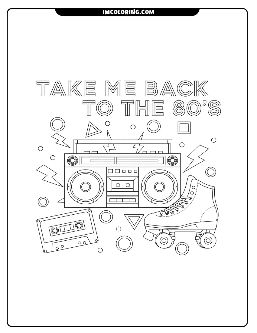 Printable line art of Retro boombox, cassette tape, and roller skate with geometric shapes