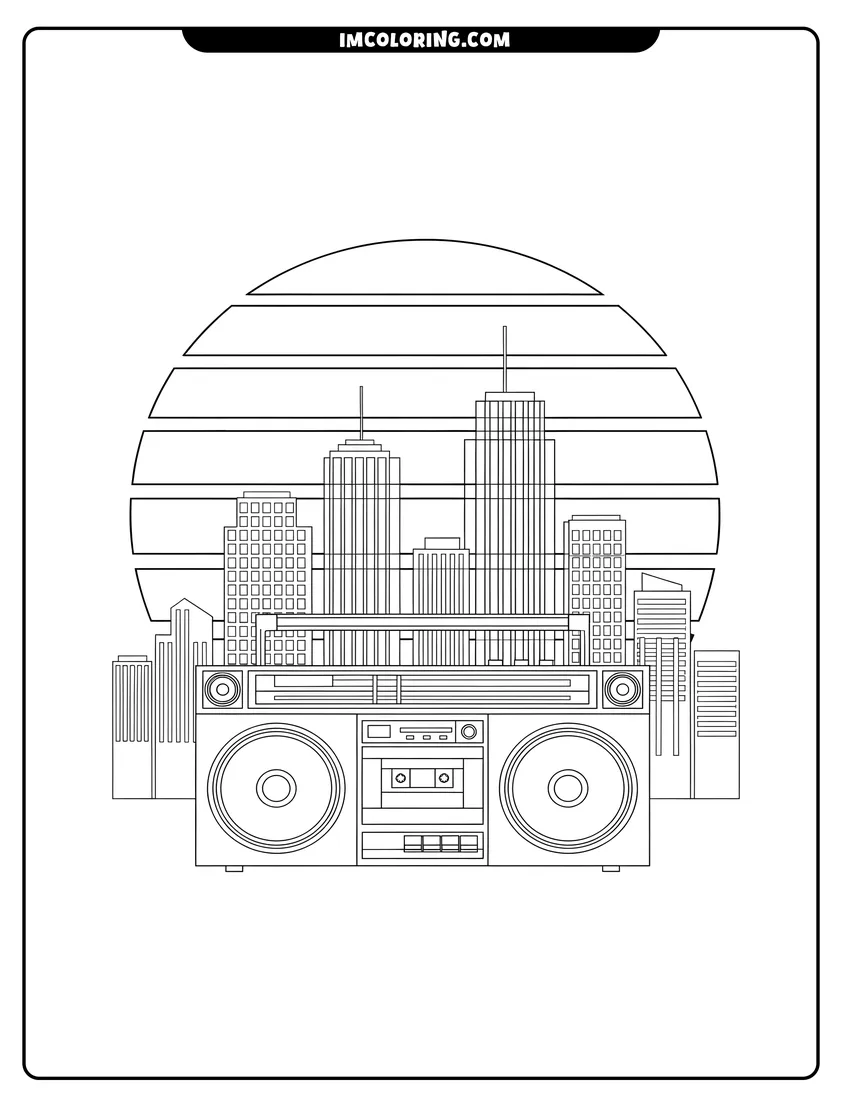Outline drawing of A classic 80s boombox in front of a city sunset
