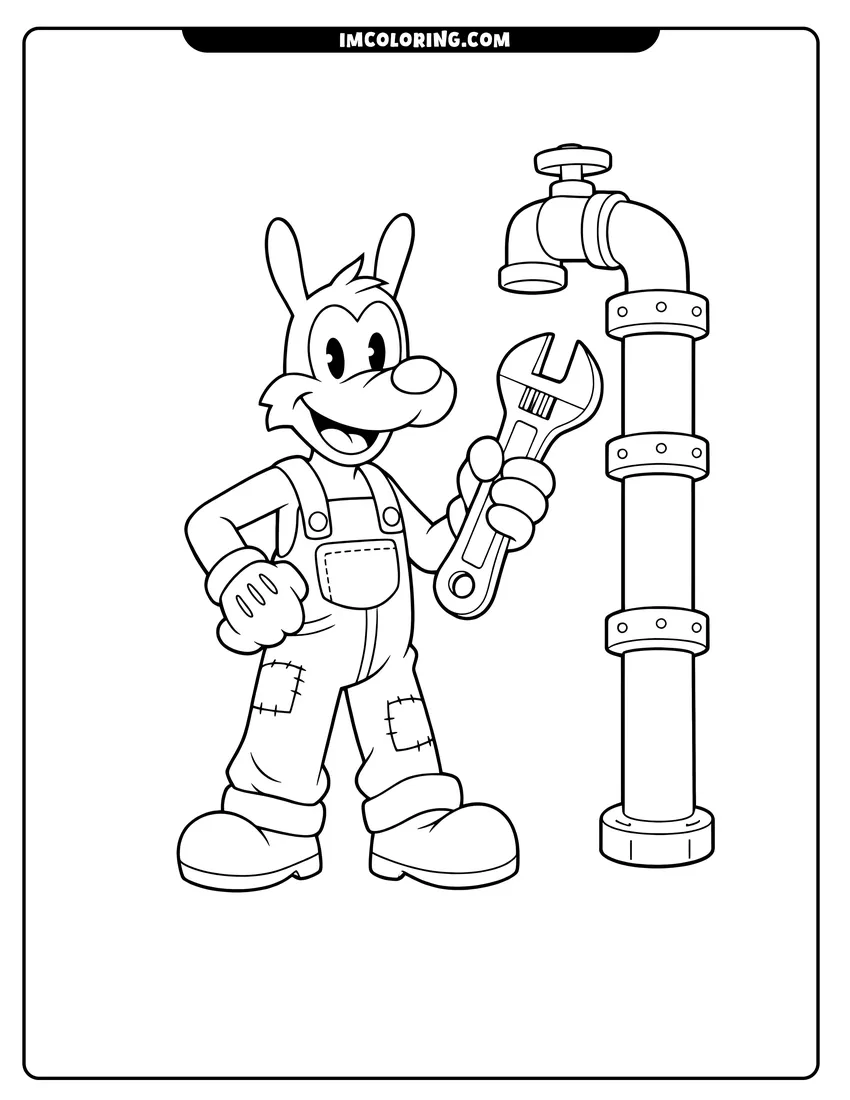 Printable Boris the Wolf fixing a pipe with a wrench coloring activity
