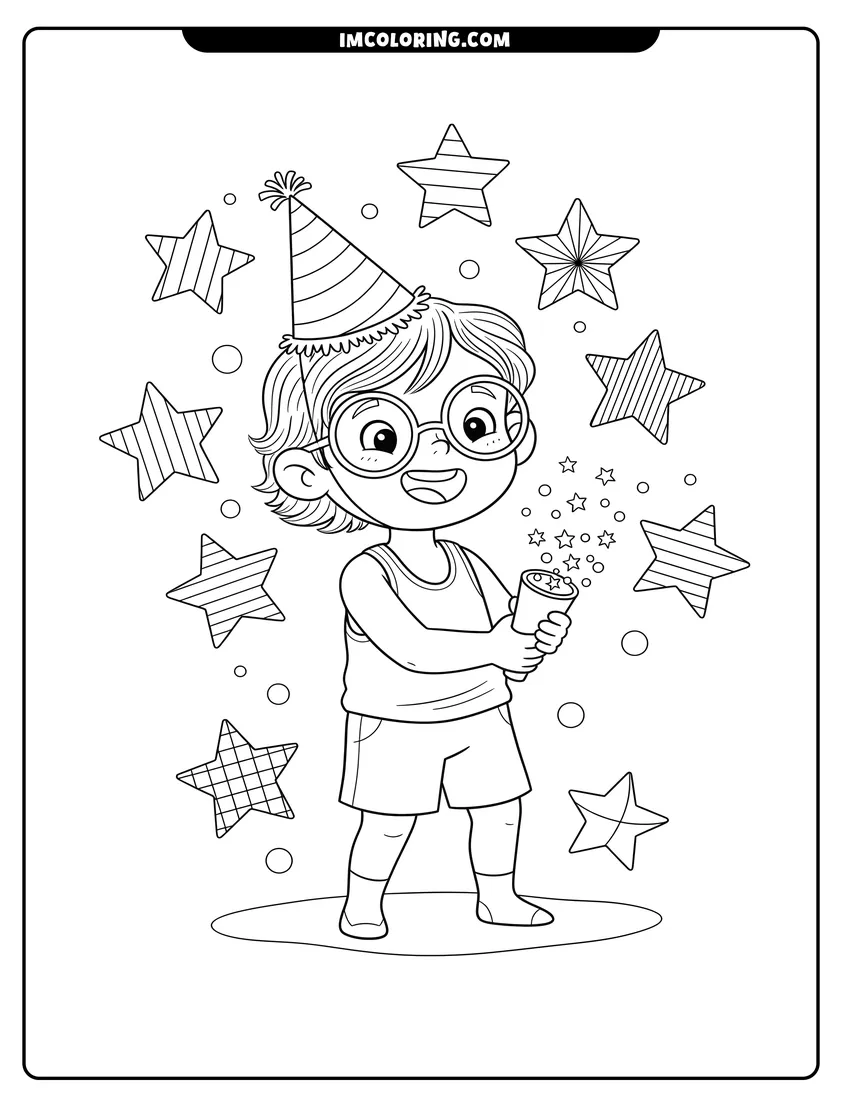 Coloring page for kids: Boy with glasses and party hat popping festive confetti