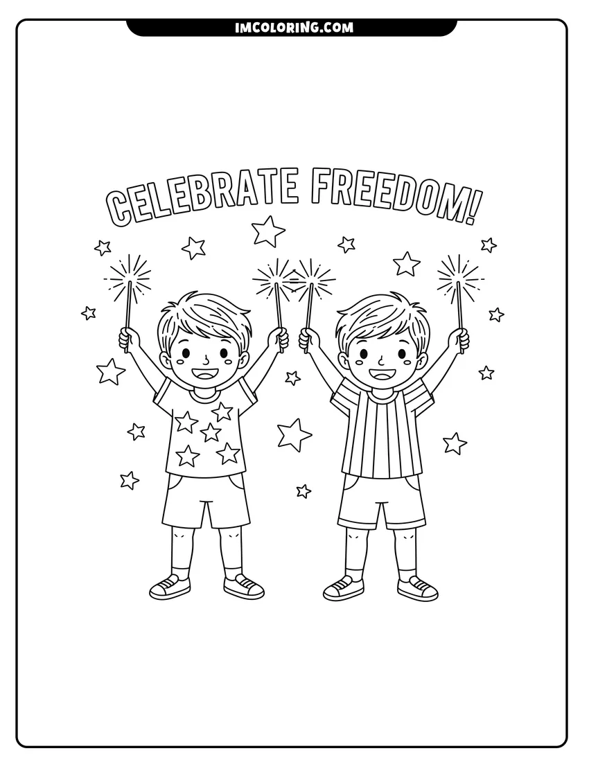 Simple sketch of Two happy boys holding sparklers under Celebrate Freedom text to color