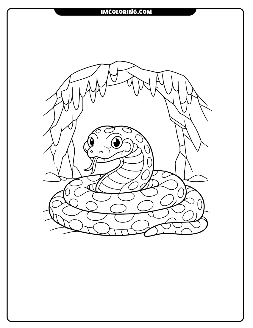 Kawaii style Spotted Anaconda at the entrance of a rocky cave coloring picture
