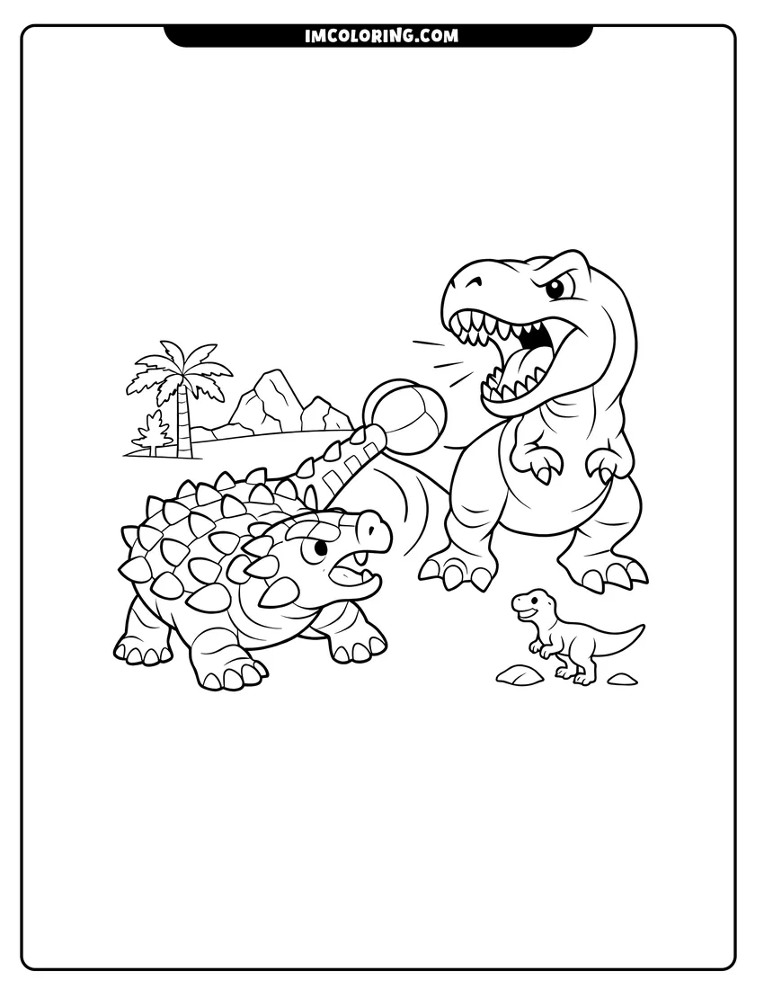Simple sketch of Ankylosaurus fighting a T-Rex in a rocky prehistoric landscape for children