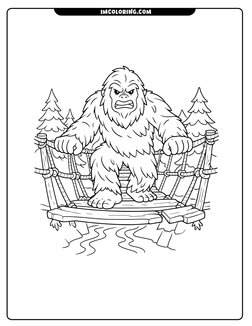 Simple sketch of Bigfoot Yeti crossing a rope bridge in a forest for children