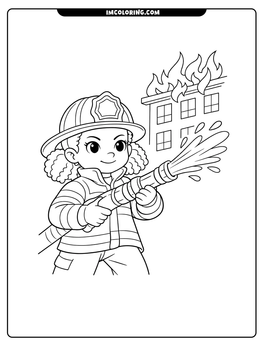 Outline of Brave Black girl firefighter using a fire hose on a white background