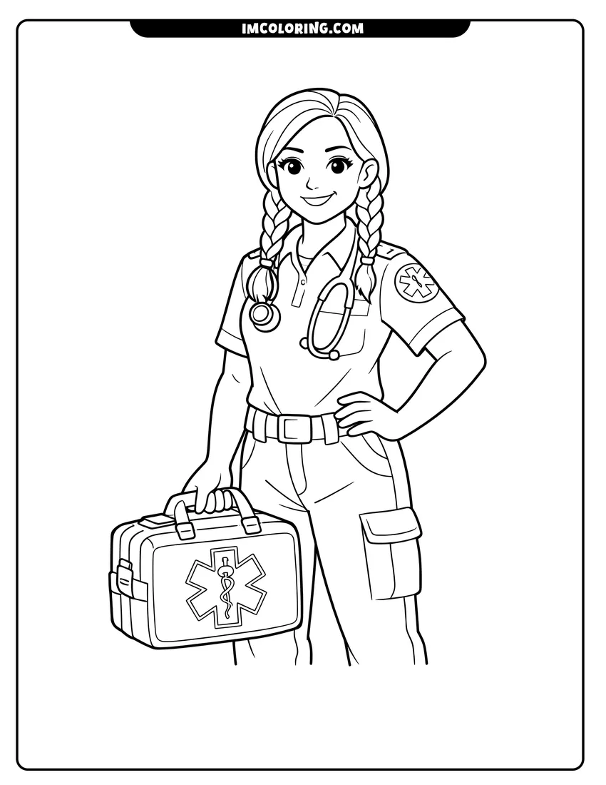 Female paramedic carrying a medical case and wearing a stethoscope coloring page for preschoolers
