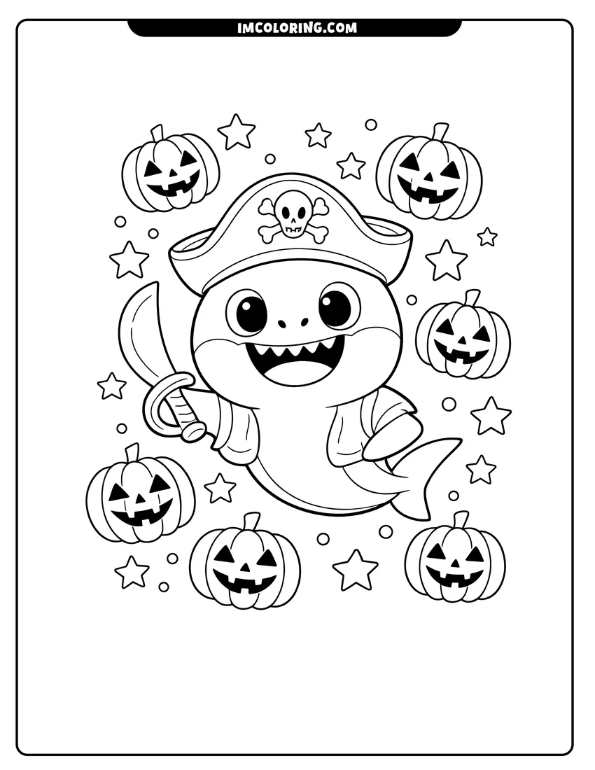 Illustration of Baby Shark wearing a pirate hat with a sword ready for painting