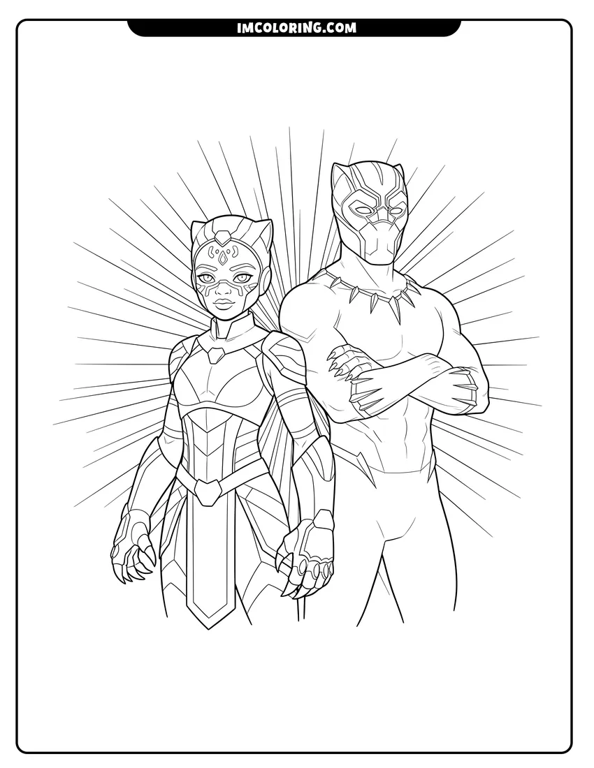 Shuri in battle armor next to Black Panther coloring page for preschoolers