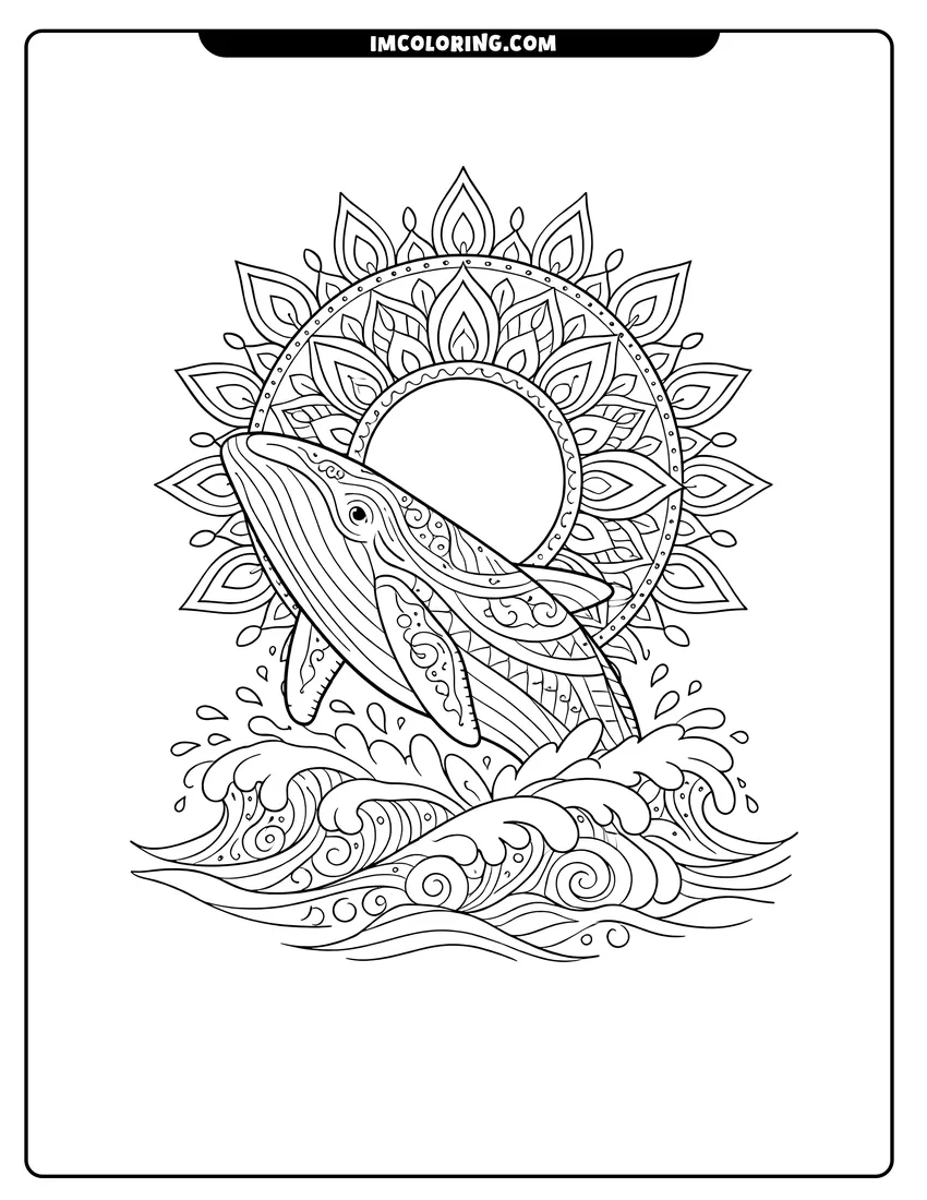 Printable coloring page featuring Whale breaching from patterned waves with a sun mandala