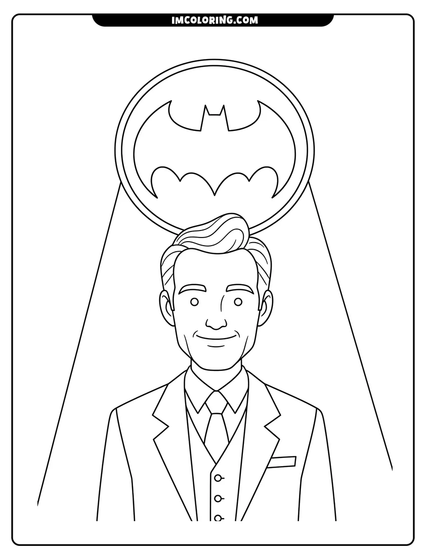 Kids activity sheet showing Bruce Wayne in a suit with the Bat-Signal behind him